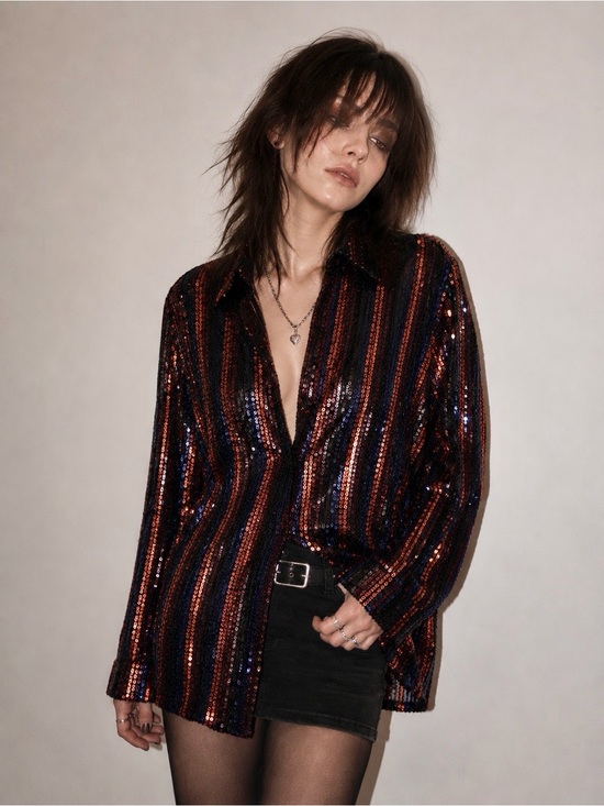 Zara Tops - Zara The Abbey Sequined Striped Button-Down Shirt in Black and Copper, SZ S NWOT